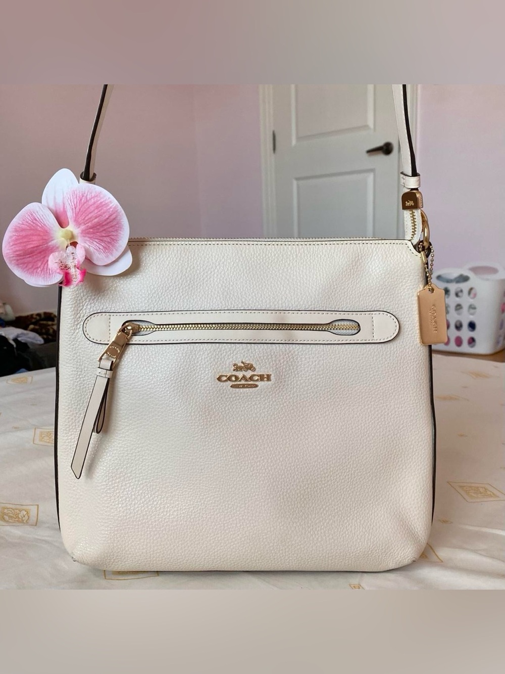 Coach Cream Pebbled Leather Crossbody Bag with Gold Hardware